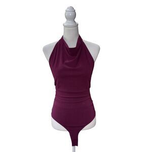 Zara Halter Bodysuit Wine Purple Ruched Backless Stretch Cowl Neck Sleek S NWT